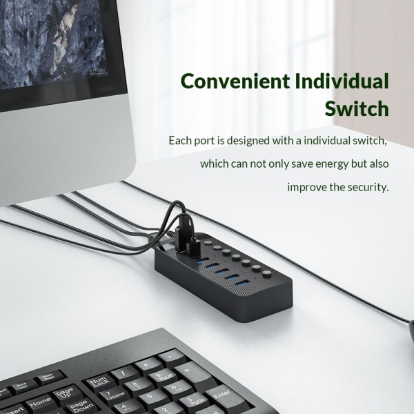 ORICO USB hub CT2U3-7AB με διακόπτες, 7x θυρών, USB 3.0, 5Gbps, USB σύνδεση, μαύρο - Συνοδευτικά PC