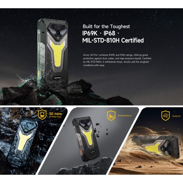 ULEFONE smartphone Armor 34 Pro Plus με βιντεοπροβολέα, 6.95", 5G, 16/512GB, 25500mAh, IP68/IP69K/MIL-STD-810H, μαύρο
