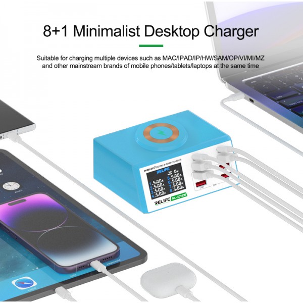 RELIFE σταθμός φόρτισης RL-309AW, 6x USB/2x USB-C/wireless, 100W, λευκός