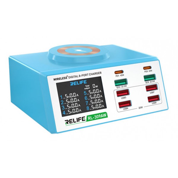 RELIFE σταθμός φόρτισης RL-309AW, 6x USB/2x USB-C/wireless, 100W, λευκός - Φορτιστές Κινητών