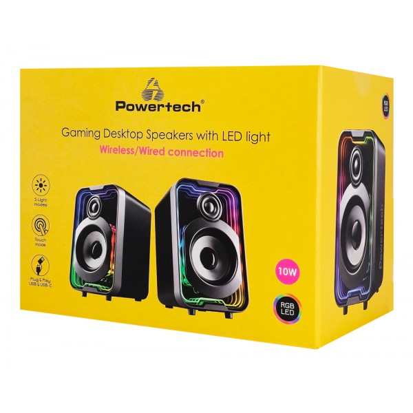 POWERTECH ηχεία PT-1575 με RGB φωτισμό, 2x 5W, Bluetooth & USB/USB-C, μαύρα