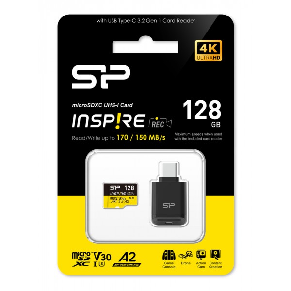 SILICON POWER κάρτα μνήμης microSDXC Inspire με card reader, 128GB, C10 UHS-I U3 V30 A2