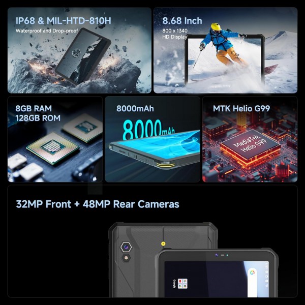 ONERUGGED tablet T1, 8.68", 8/128GB, 4G, 8000mAh, IP68/MIL-STD 810H/Atex Zone 2, μαύρο - ONERugged