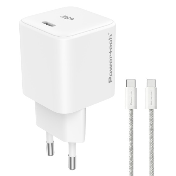 POWERTECH φορτιστής τοίχου PT-1577 με καλώδιο, USB-C, 65W, GaN, AVS, λευκός - Φορτιστές Κινητών