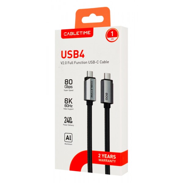 CABLETIME καλώδιο USB-C CT-USB4V2, USB4, 240W, 80Gbps, 8K/60Hz, 1m, μαύρο