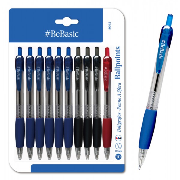 BEBASIC σετ στυλό διαρκείας ballpoint S065, 1mm μύτη, 14.5cm, μπλε/μαύρο/κόκκινο, 10τμχ - Είδη Γραφείου & Εξοπλισμός