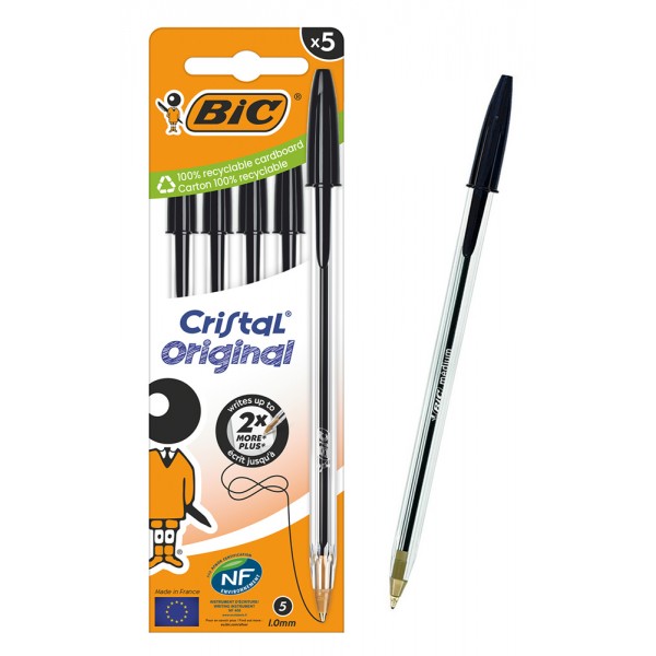 BIC στυλό διαρκείας ballpoint Cristal Original, 1mm μύτη, μαύρο, 5τμχ - BIC