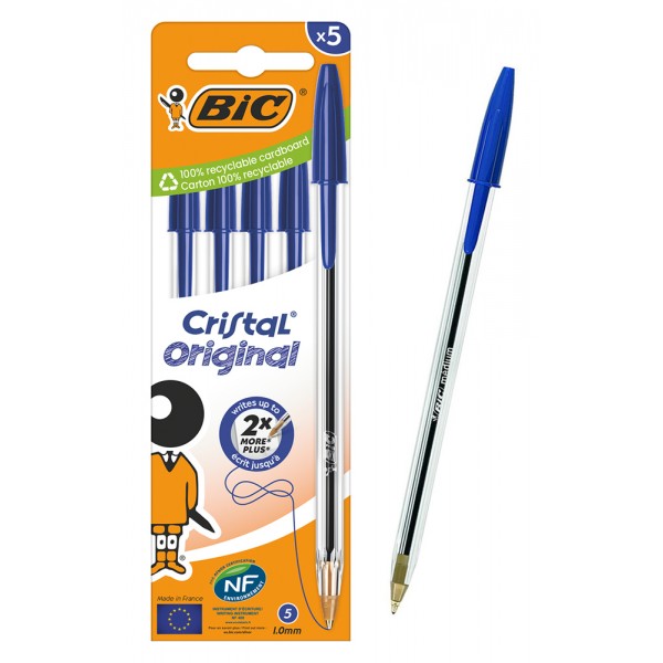 BIC στυλό διαρκείας ballpoint Cristal Original, 1mm μύτη, μπλε, 5τμχ - BIC