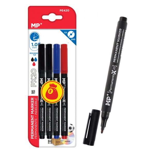 MP σετ ανεξίτηλος μαρκαδόρος PE420, 1mm μύτη, μαύρος/μπλε/κόκκινος, 4τμχ - Είδη Γραφείου & Εξοπλισμός