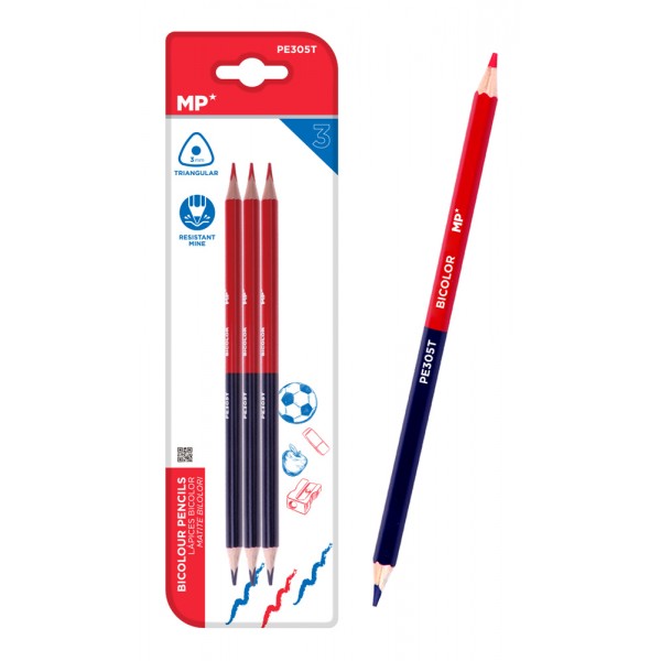 MP ξυλομπογιά με διπλή μύτη PE305T, 3mm μύτη, τρίγωνο, μπλε/κόκκινο, 3τμχ - Είδη Γραφείου & Εξοπλισμός