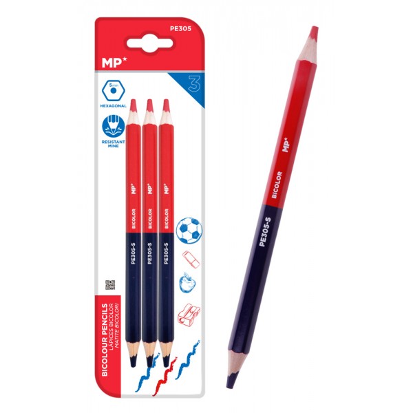 MP ξυλομπογιά με διπλή μύτη PE305, 5mm μύτη, εξάγωνο, μπλε/κόκκινο, 3τμχ - Είδη Γραφείου & Εξοπλισμός