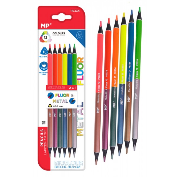 MP σετ χρωματιστές ξυλομπογιές με διπλή μύτη PE334, 3mm μύτη, τρίγωνες, φθορίζοντα & μεταλλικά χρώματα, 6τμχ - Είδη Γραφείου & Εξοπλισμός