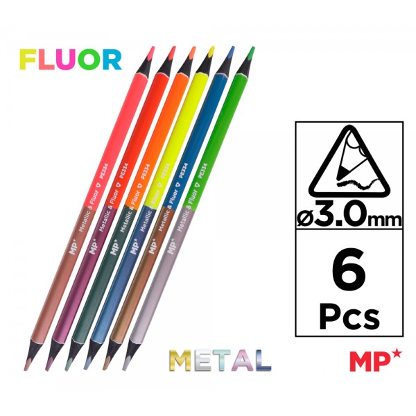 MP σετ χρωματιστές ξυλομπογιές με διπλή μύτη PE334, 3mm μύτη, τρίγωνες, φθορίζοντα & μεταλλικά χρώματα, 6τμχ - Είδη Γραφείου & Εξοπλισμός