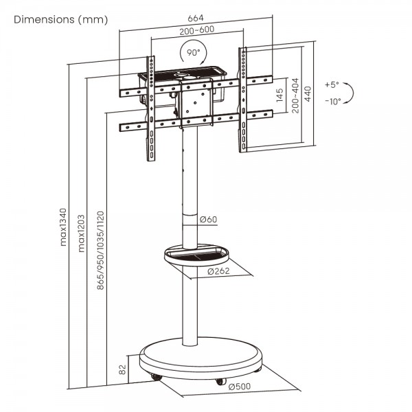 BRATECK βάση τηλεόρασης δαπέδου FS38-46TWE, 37-86", έως 50kg, με ράφι & cable management, ροδάκια, μαύρη