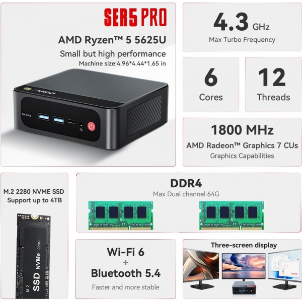 BEELINK mini PC SER5 Pro, AMD 5625U, 16GB, 500GB M.2, Windows 11 Pro