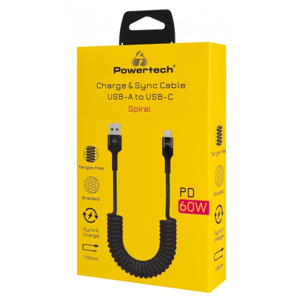 POWERTECH καλώδιο USB-C σε USB PTR-0197 με spiral καλώδιο, PD 60W, 480Mbps, 1m, μαύρο - Powertech