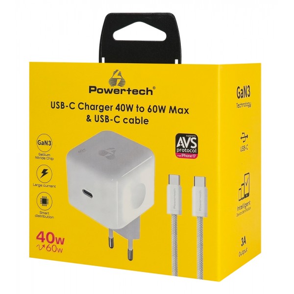 POWERTECH φορτιστής τοίχου PT-1581 με καλώδιο, USB-C, 40 έως 60W, GaN, AVS, λευκός