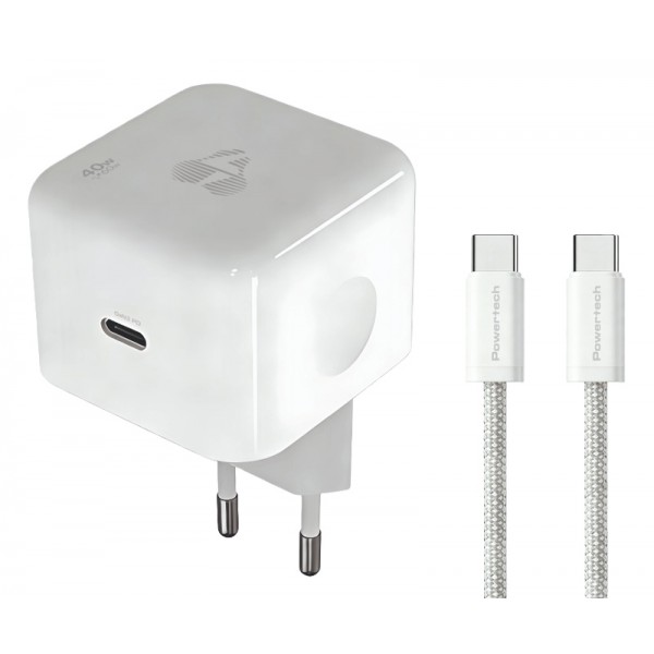 POWERTECH φορτιστής τοίχου PT-1581 με καλώδιο, USB-C, 40 έως 60W, GaN, AVS, λευκός - Φορτιστές Κινητών