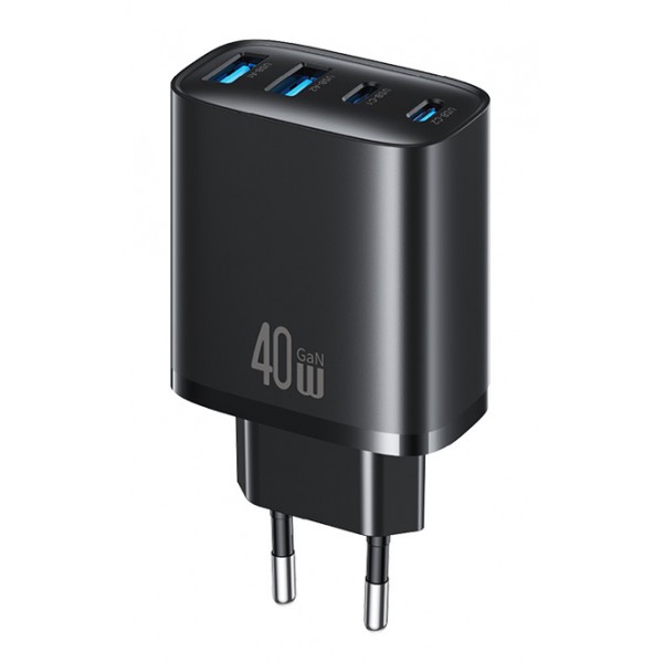 USAMS φορτιστής τοίχου CC330, 2x USB & 2x USB-C, 40W, GaN, μαύρος - Φορτιστές Κινητών