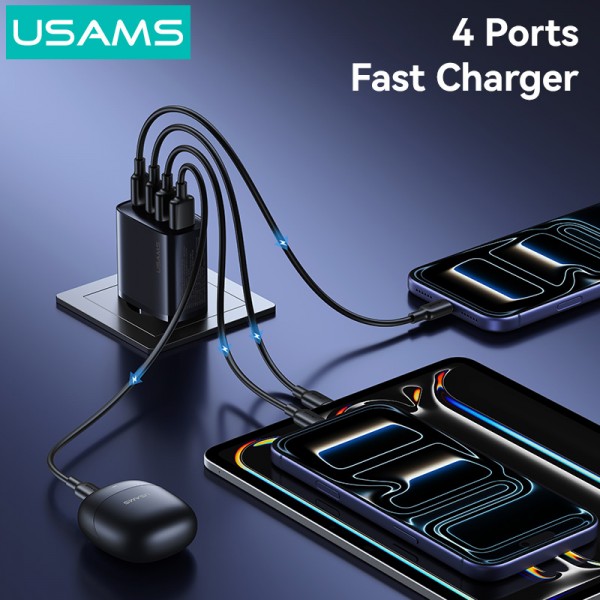 USAMS φορτιστής τοίχου CC330, 2x USB & 2x USB-C, 40W, GaN, μαύρος - Φορτιστές Κινητών