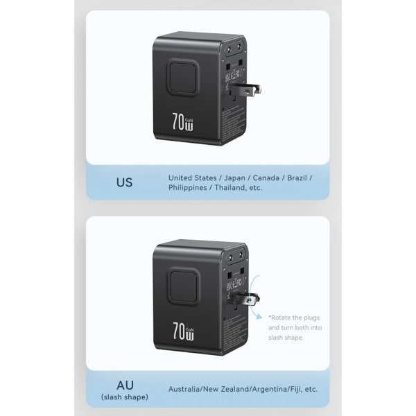 USAMS φορτιστής/αντάπτορας πρίζας CC310, 2x USB & 3x USB-C, universal, 70W, μαύρος