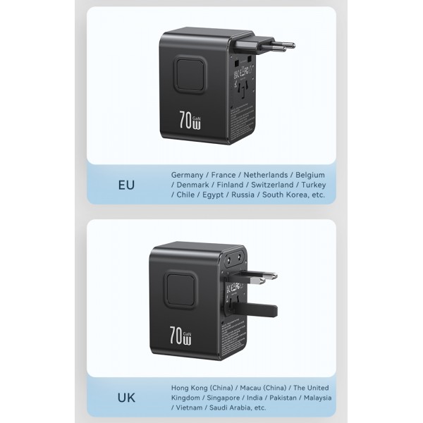 USAMS φορτιστής/αντάπτορας πρίζας CC310, 2x USB & 3x USB-C, universal, 70W, μαύρος