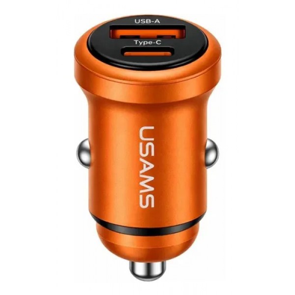 USAMS φορτιστής αυτοκινήτου CC322, USB & USB-C, 30W, πορτοκαλί - Φορτιστές Κινητών