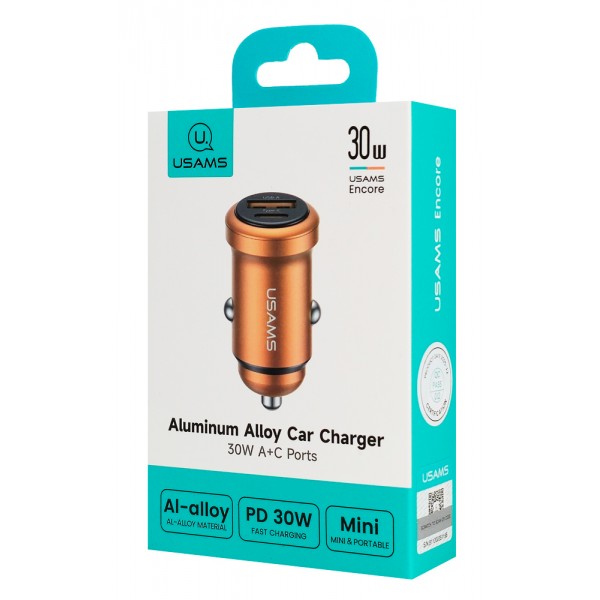 USAMS φορτιστής αυτοκινήτου CC322, USB & USB-C, 30W, πορτοκαλί