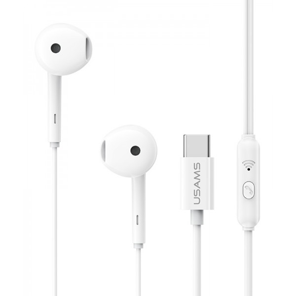 USAMS earphones με μικρόφωνο SJ771, USB-C σύνδεση, 1.2m, λευκά - Αξεσουάρ Κινητών