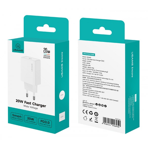 USAMS φορτιστής τοίχου CC325, USB-C, 20W, λευκός