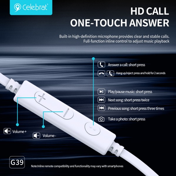 CELEBRAT earphones με μικρόφωνο G39, USB-C σύνδεση, 14mm, 1.2m, λευκά