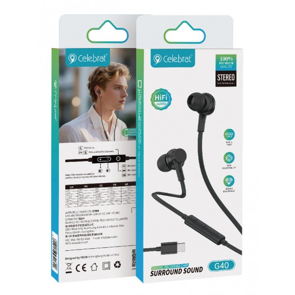 CELEBRAT earphones με μικρόφωνο G40, USB-C σύνδεση, 10mm, 1.2m, μαύρα