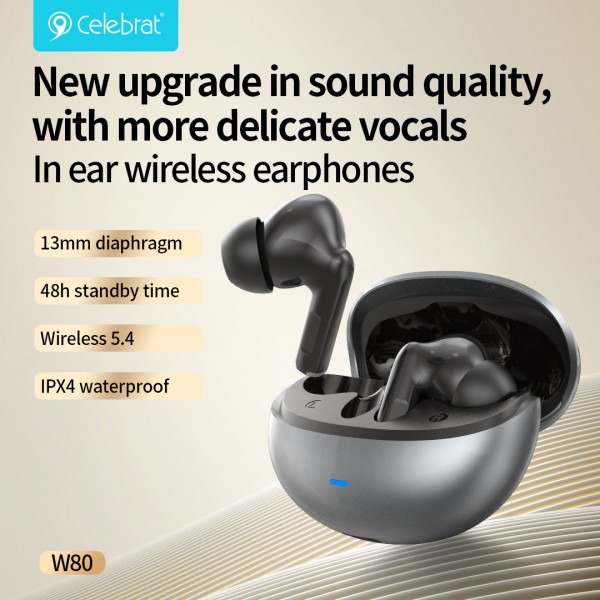 CELEBRAT earphones με θήκη φόρτισης W80, True Wireless, 13mm, 30/230mAh, γκρι