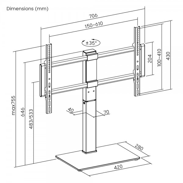 POWERTECH επιτραπέζια βάση τηλεόρασης PT-1565, 37-75", έως 40kg