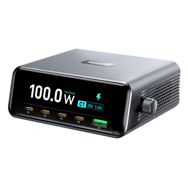 POWERTECH σταθμός φόρτισης PT-1622 με οθόνη, USB & 4x USB-C, GaN, 100W, ασημί - Αξεσουάρ Κινητών
