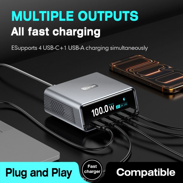 POWERTECH σταθμός φόρτισης PT-1622 με οθόνη, USB & 4x USB-C, GaN, 100W, ασημί - Αξεσουάρ Κινητών