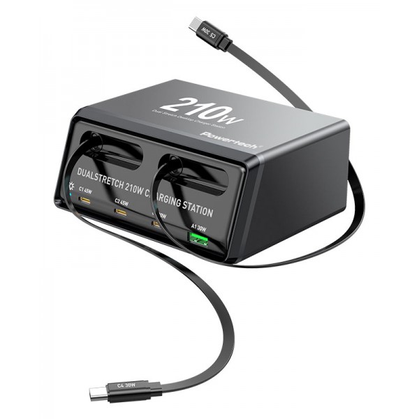 POWERTECH σταθμός φόρτισης PT-1623, USB/3x USB-C/2x USB-C καλώδια, GaN, 160W, μαύρος - Αξεσουάρ Κινητών