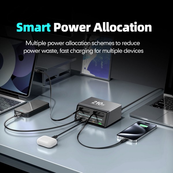 POWERTECH σταθμός φόρτισης PT-1623, USB/3x USB-C/2x USB-C καλώδια, GaN, 160W, μαύρος - Αξεσουάρ Κινητών