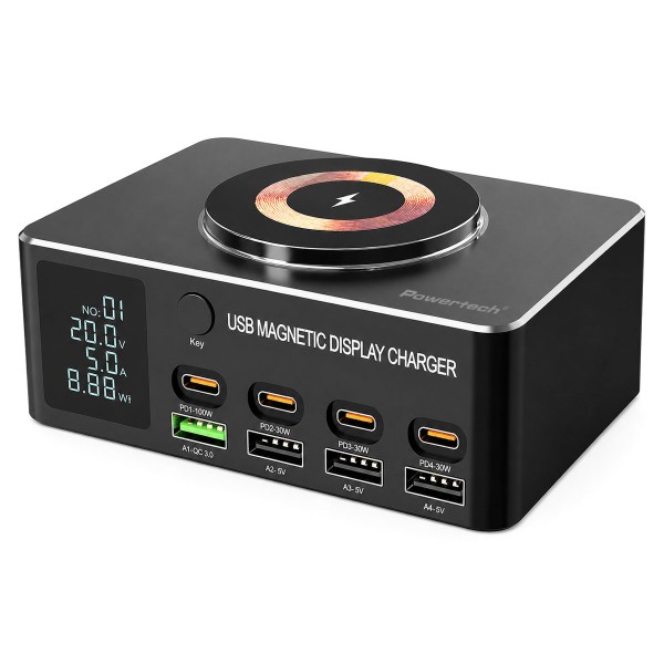 POWERTECH σταθμός φόρτισης PT-1625 με οθόνη, 4x USB/4x USB-C/wireless, 140W, μαύρος - Αξεσουάρ Κινητών