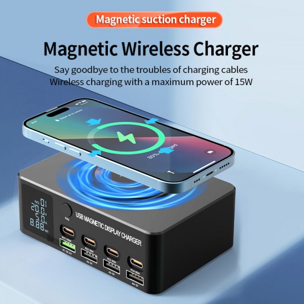 POWERTECH σταθμός φόρτισης PT-1625 με οθόνη, 4x USB/4x USB-C/wireless, 140W, μαύρος - Αξεσουάρ Κινητών