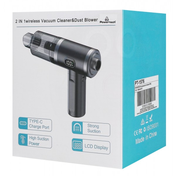 POWERTECH 2 σε 1 σκουπάκι χειρός & air duster PT-1576, 50W, 3600mAh, μαύρο