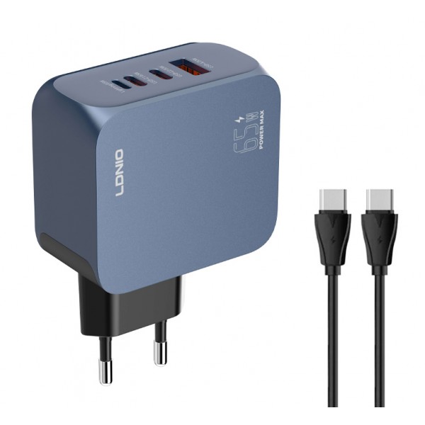 LDNIO φορτιστής τοίχου Q7 με καλώδιο USB-C, USB/Lightning/2x USB-C, GaN, 65W, μπλε - Αξεσουάρ Κινητών