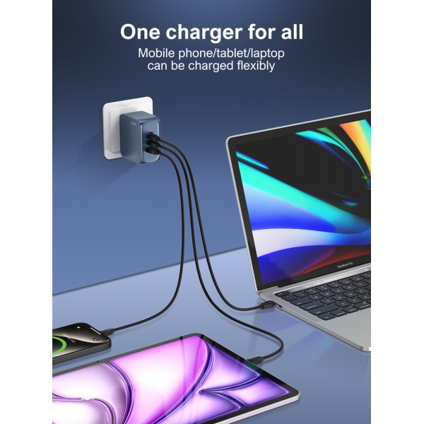 LDNIO φορτιστής τοίχου Q7 με καλώδιο USB-C, USB/Lightning/2x USB-C, GaN, 65W, μπλε - Αξεσουάρ Κινητών