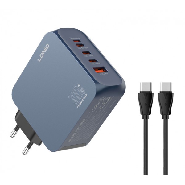LDNIO φορτιστής τοίχου Q8 με καλώδιο USB-C, USB/Lightning/3x USB-C, GaN, 100W, μπλε - Αξεσουάρ Κινητών