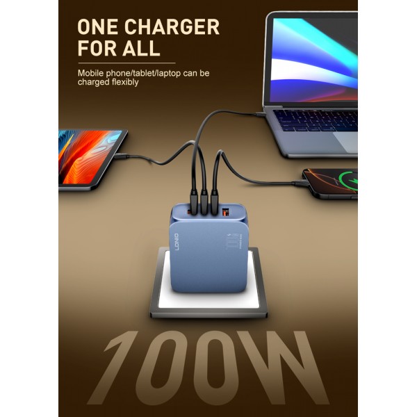 LDNIO φορτιστής τοίχου Q8 με καλώδιο USB-C, USB/Lightning/3x USB-C, GaN, 100W, μπλε - Αξεσουάρ Κινητών