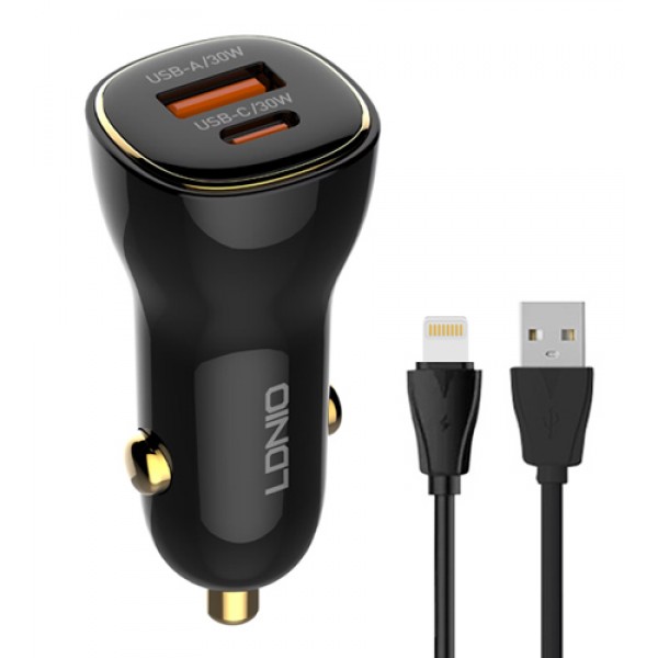 LDNIO φορτιστής αυτοκινήτου C103 με καλώδιο Lightning, USB/USB-C, 60W, μαύρος - Αξεσουάρ Κινητών