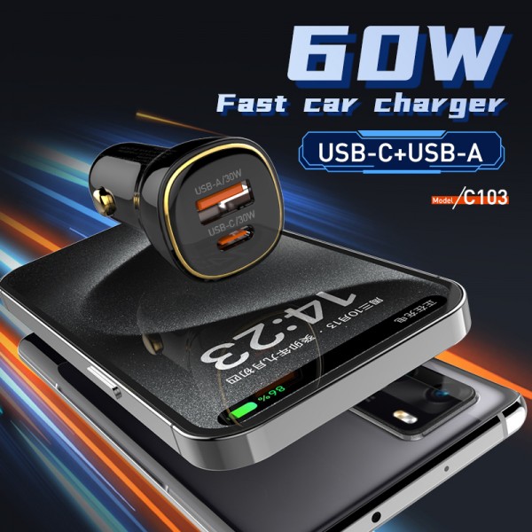 LDNIO φορτιστής αυτοκινήτου C103 με καλώδιο Lightning, USB/USB-C, 60W, μαύρος - Αξεσουάρ Κινητών