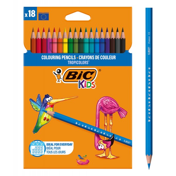 BIC σετ χρωματιστές ξυλομπογιές Kids Tropicolors, εξάγωνες, 18τμχ - Αναλώσιμα - Είδη Γραφείου