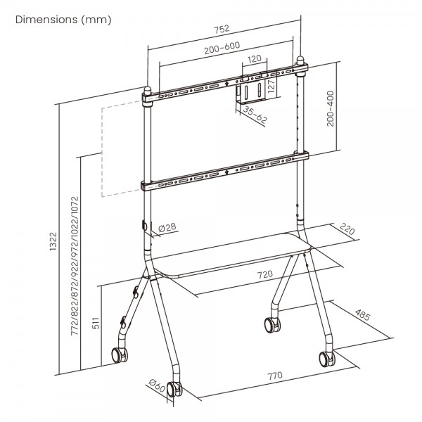 BRATECK βάση τηλεόρασης δαπέδου FS66-46F-01, 37-86", έως 80kg, με ράφι & ροδάκια