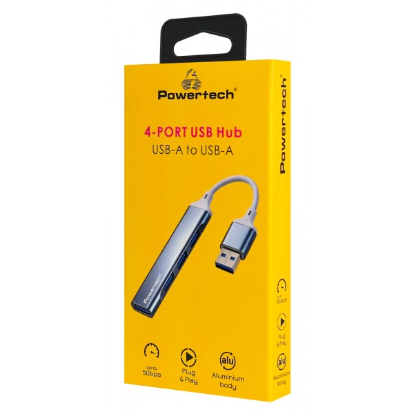 POWERTECH USB hub PTR-0207, 4x θυρών, USB 3.0, 5Gbps, USB σύνδεση, γκρι - USB Hubs - Card Readers